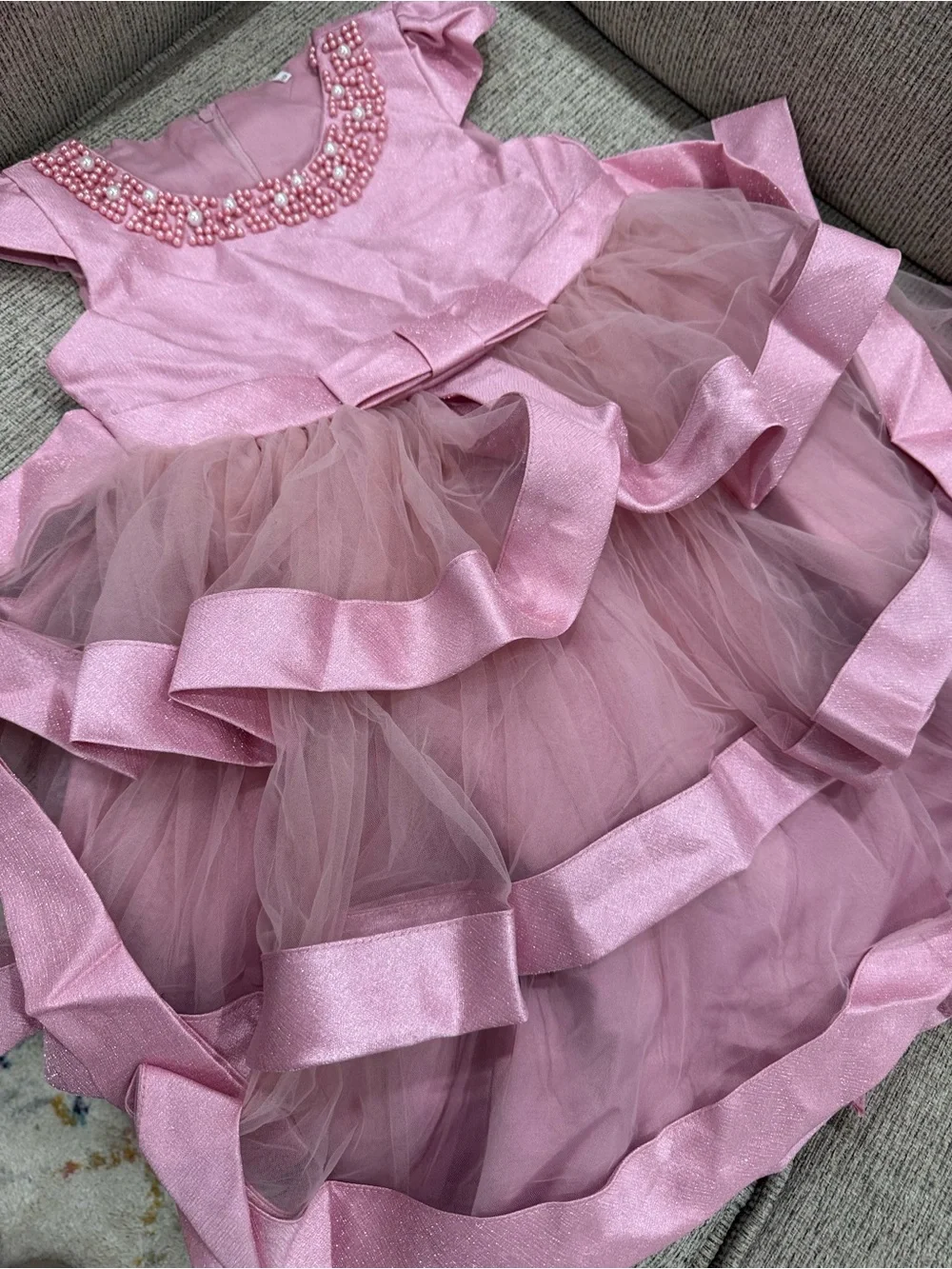 🎉LAST PIECE 🎉 Baby girls Pink Mesh Princess Bow Belt‎ Multi Layered dress